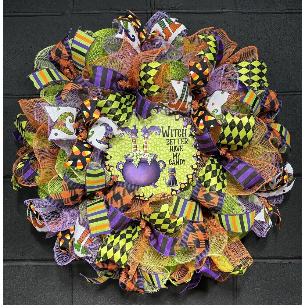 Halloween Witch Wreath Orange Purple Green Deco Mesh Handmade 24 Inch